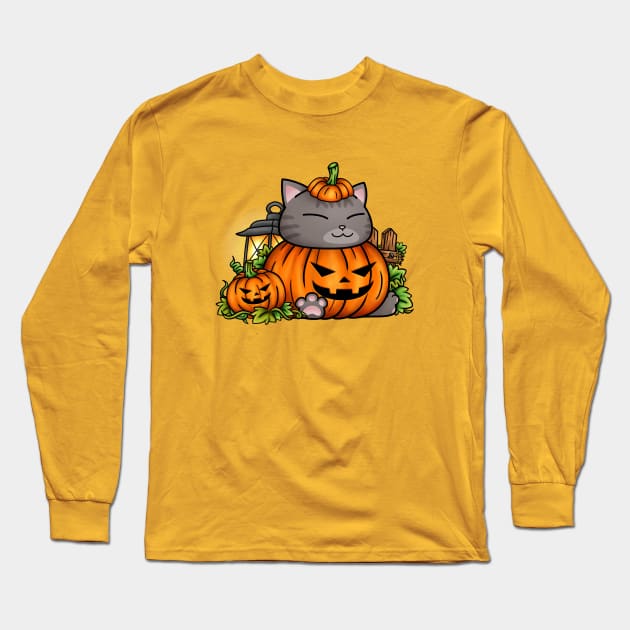 Halloween Cat Pumpkin Kitty Long Sleeve T-Shirt by Takeda_Art